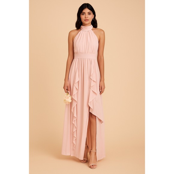 Birdy Grey Blush Pink Halter Maxi Dress Ruffle Bridesmaid Formal Gown - Picture 1 of 7